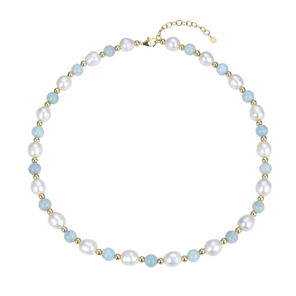 18K Plated Sterling Silver Natural Aquamarine, Pearl and Silver Beads Beaded Necklace