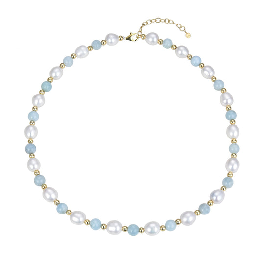 18K Plated Sterling Silver Natural Aquamarine, Pearl and Silver Beads Beaded Necklace