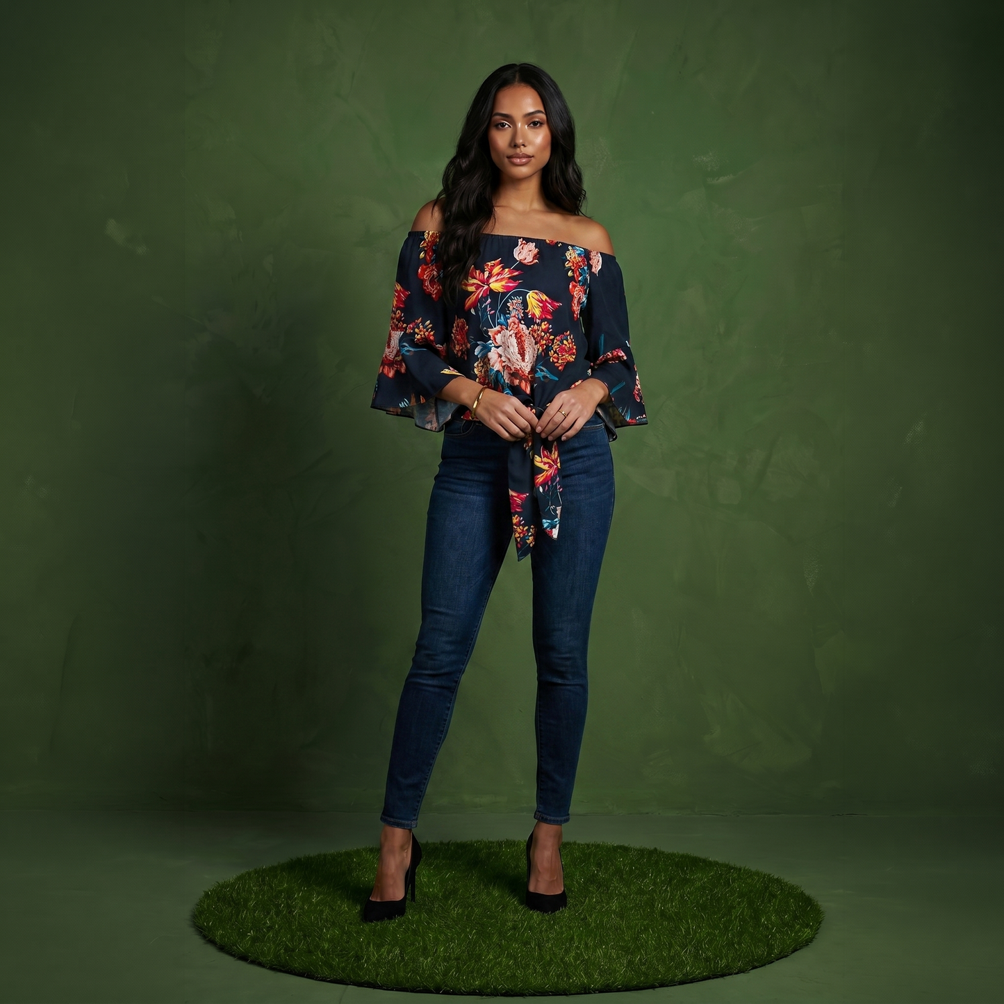 Trumpet Sleeve Tie-Front Blouse