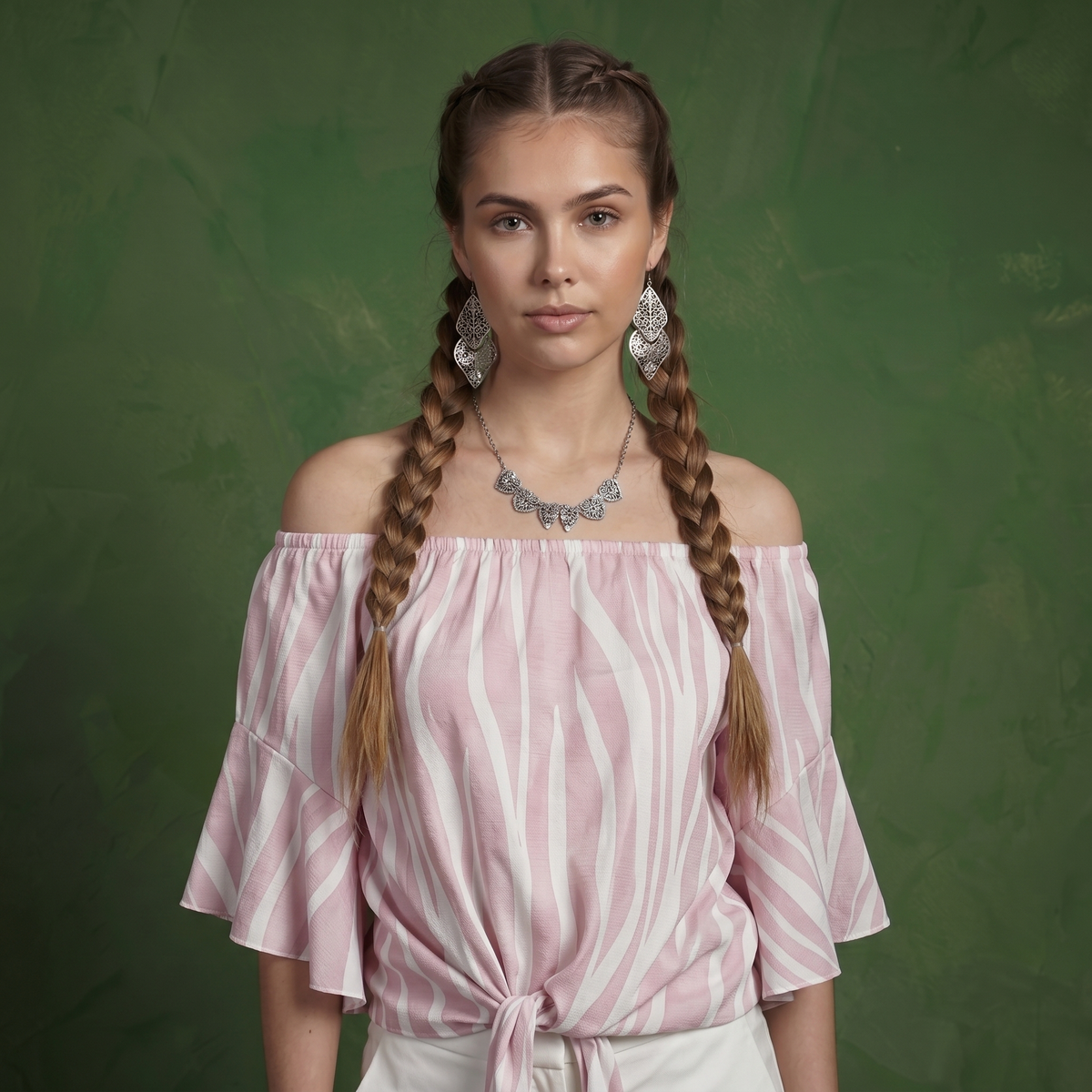 Trumpet Sleeve Tie-Front Blouse