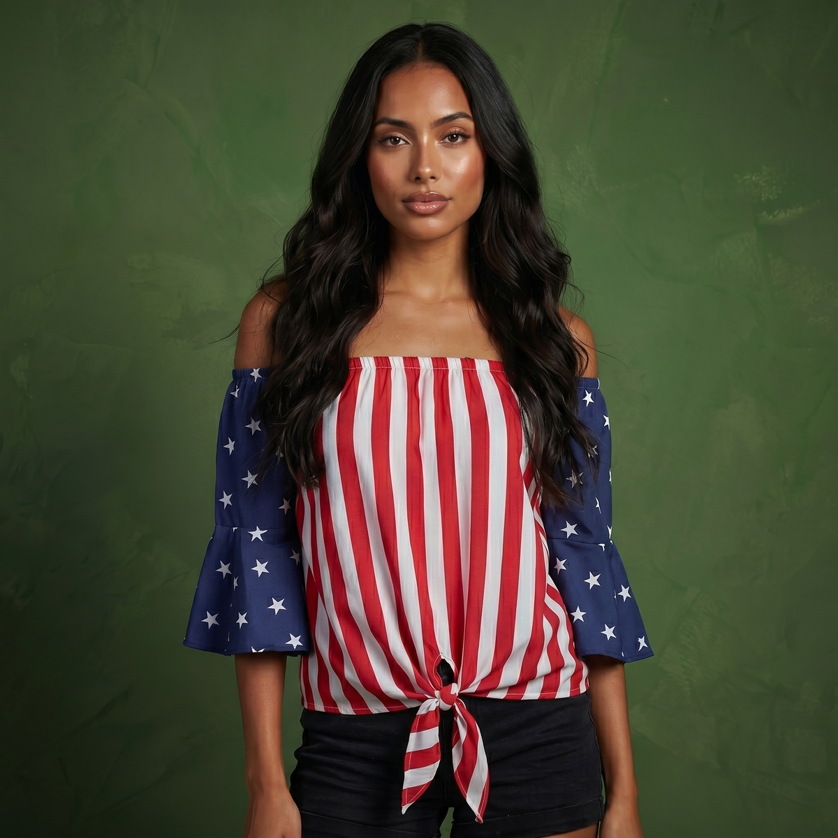 Trumpet Sleeve Tie-Front Blouse