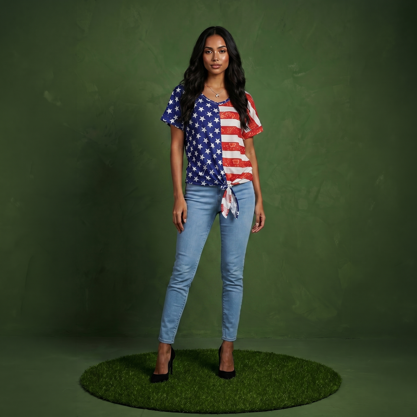 V Neck Flag Print Tie Front Top Shirt