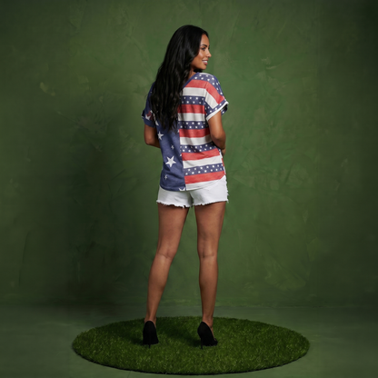 V Neck Flag Print Tie Front Top Shirt