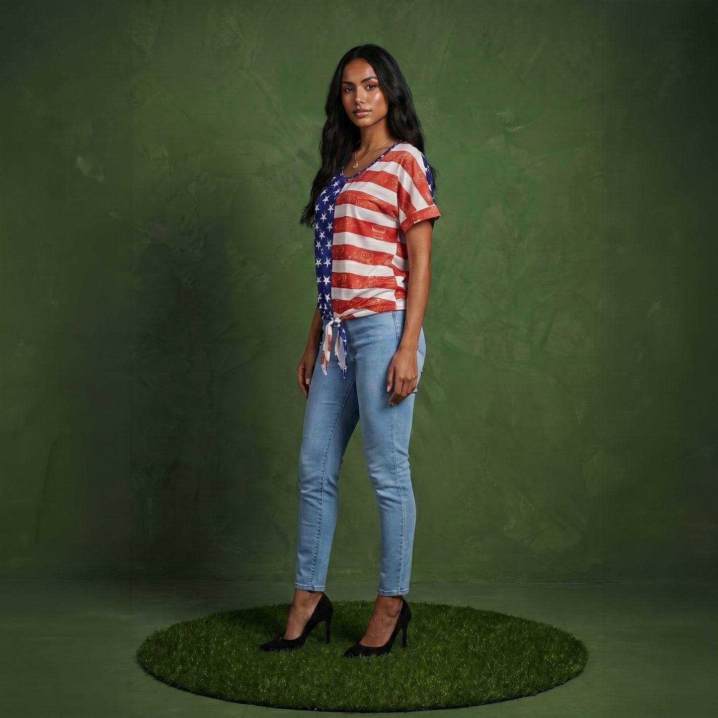 V Neck Flag Print Tie Front Top Shirt