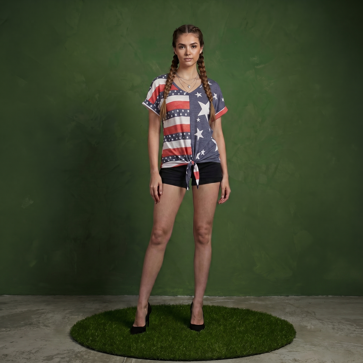 V Neck Flag Print Tie Front Top Shirt