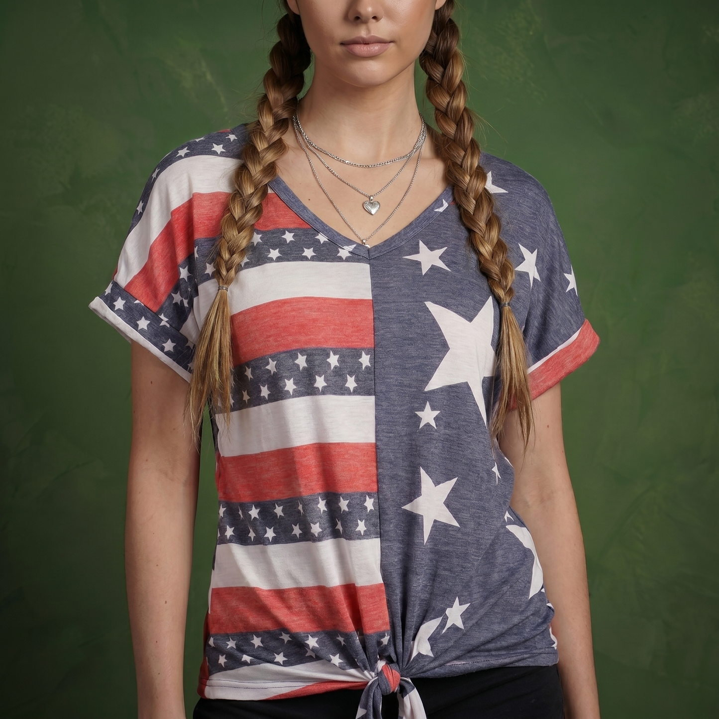 V Neck Flag Print Tie Front Top Shirt