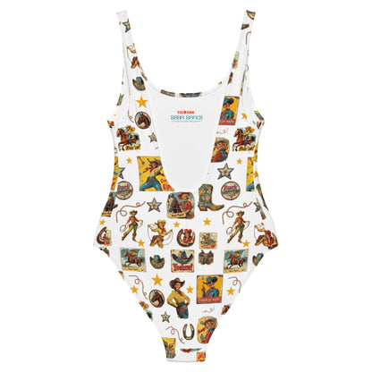 Baha Ranch Yeehaw Vintage Cowgirl Collage White One-Piece Swimsuit