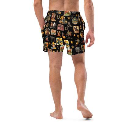 Baha Ranch Yeehaw Vintage Cowboy Collage Swim Trunks