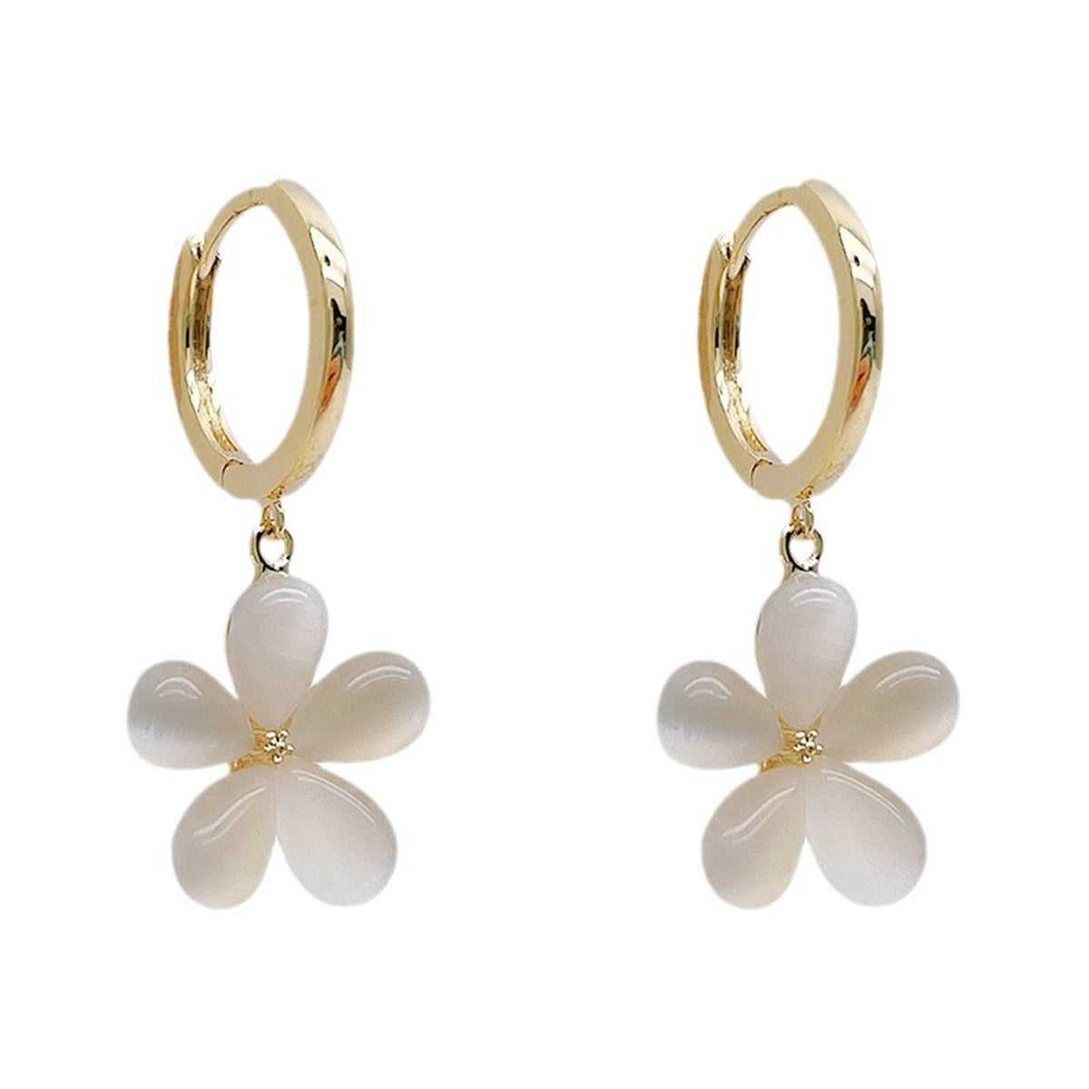 Cat's Eye & Goldtone Flower Huggie Earrings