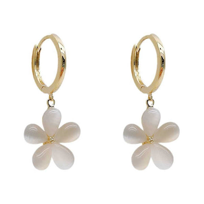 Cat's Eye & Goldtone Flower Huggie Earrings