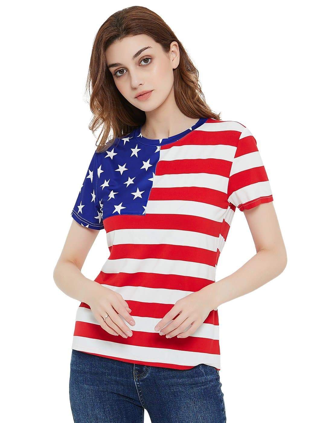 Round Neck American Flag Top July of 4th USA Patriotic T-Shirt Blouse