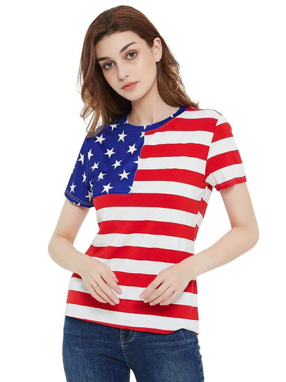 Round Neck American Flag Top July of 4th USA Patriotic T-Shirt Blouse