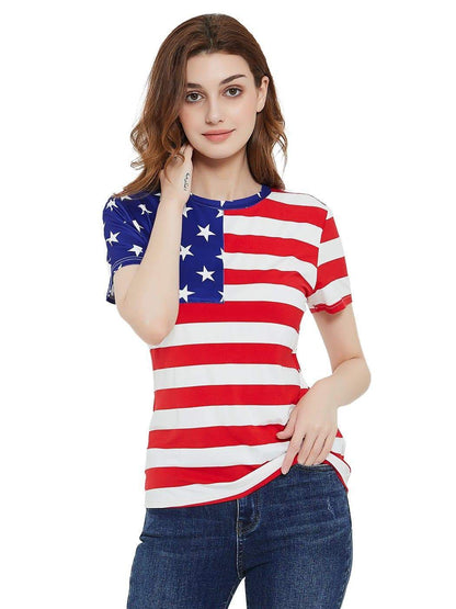 Round Neck American Flag Top July of 4th USA Patriotic T-Shirt Blouse