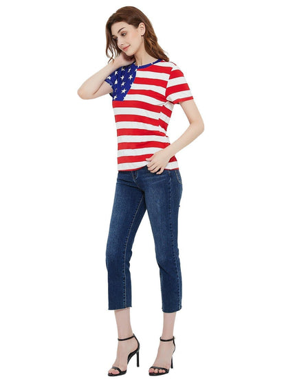 Round Neck American Flag Top July of 4th USA Patriotic T-Shirt Blouse