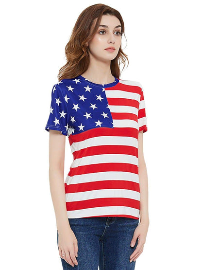Round Neck American Flag Top July of 4th USA Patriotic T-Shirt Blouse