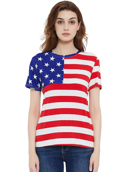Round Neck American Flag Top July of 4th USA Patriotic T-Shirt Blouse