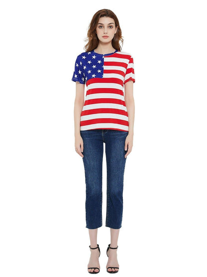 Round Neck American Flag Top July of 4th USA Patriotic T-Shirt Blouse
