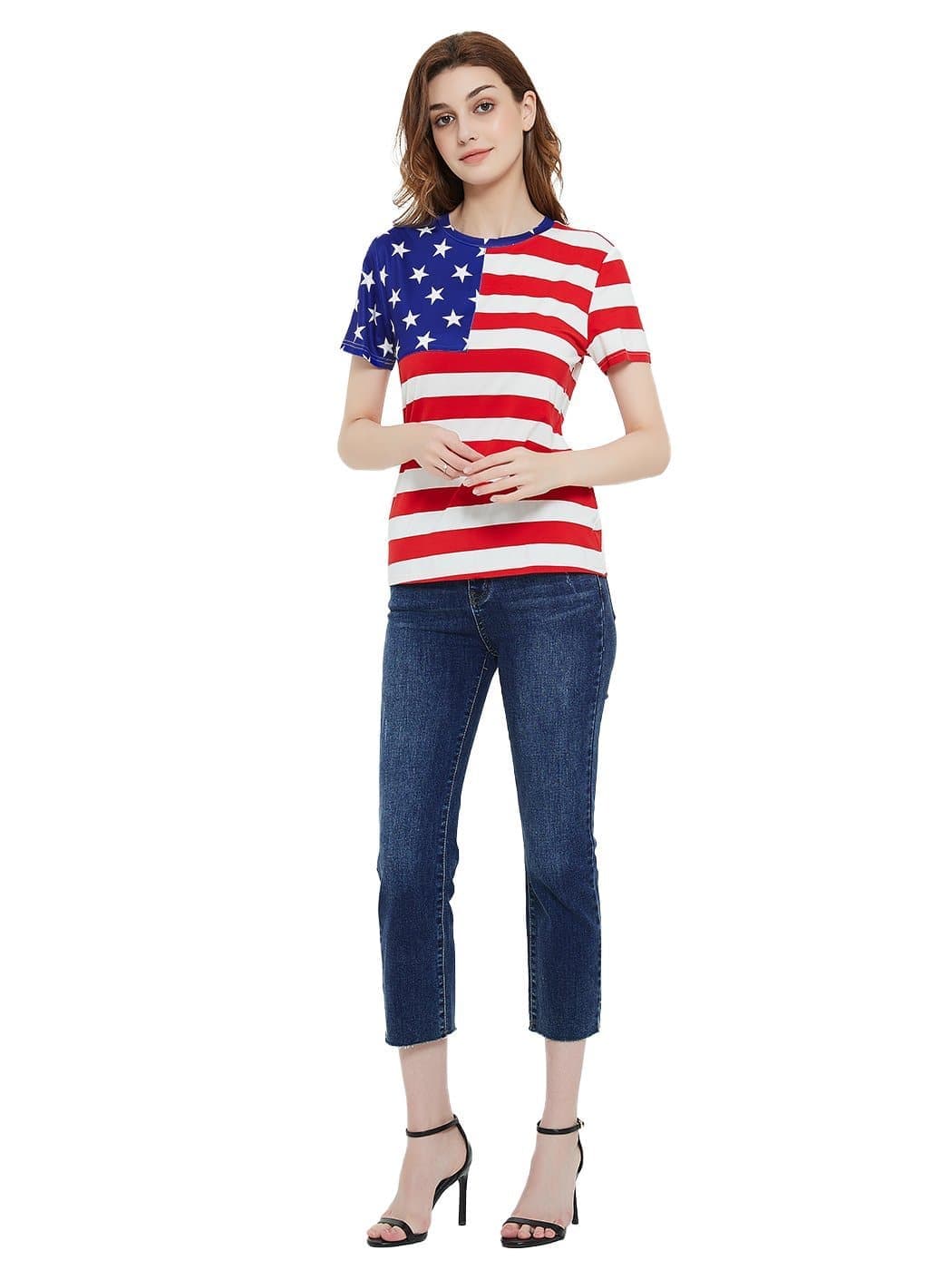 Round Neck American Flag Top July of 4th USA Patriotic T-Shirt Blouse