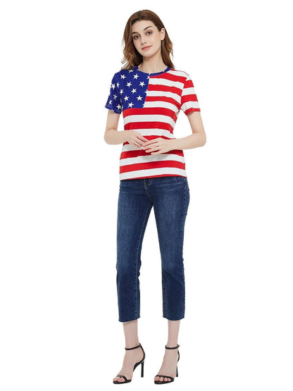 Round Neck American Flag Top July of 4th USA Patriotic T-Shirt Blouse