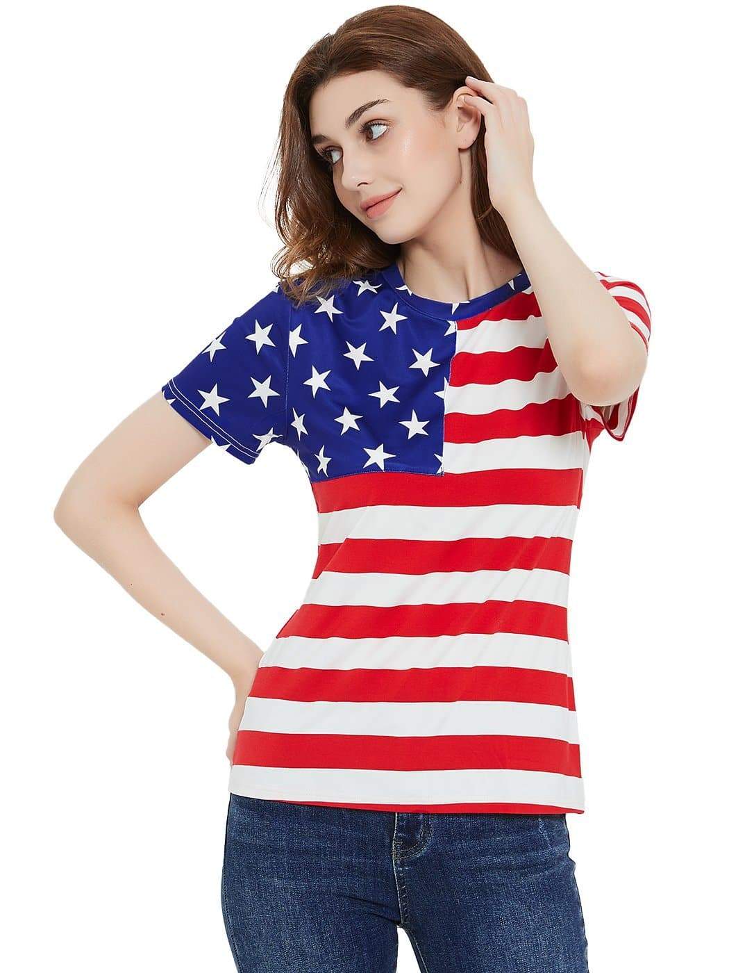 Round Neck American Flag Top July of 4th USA Patriotic T-Shirt Blouse