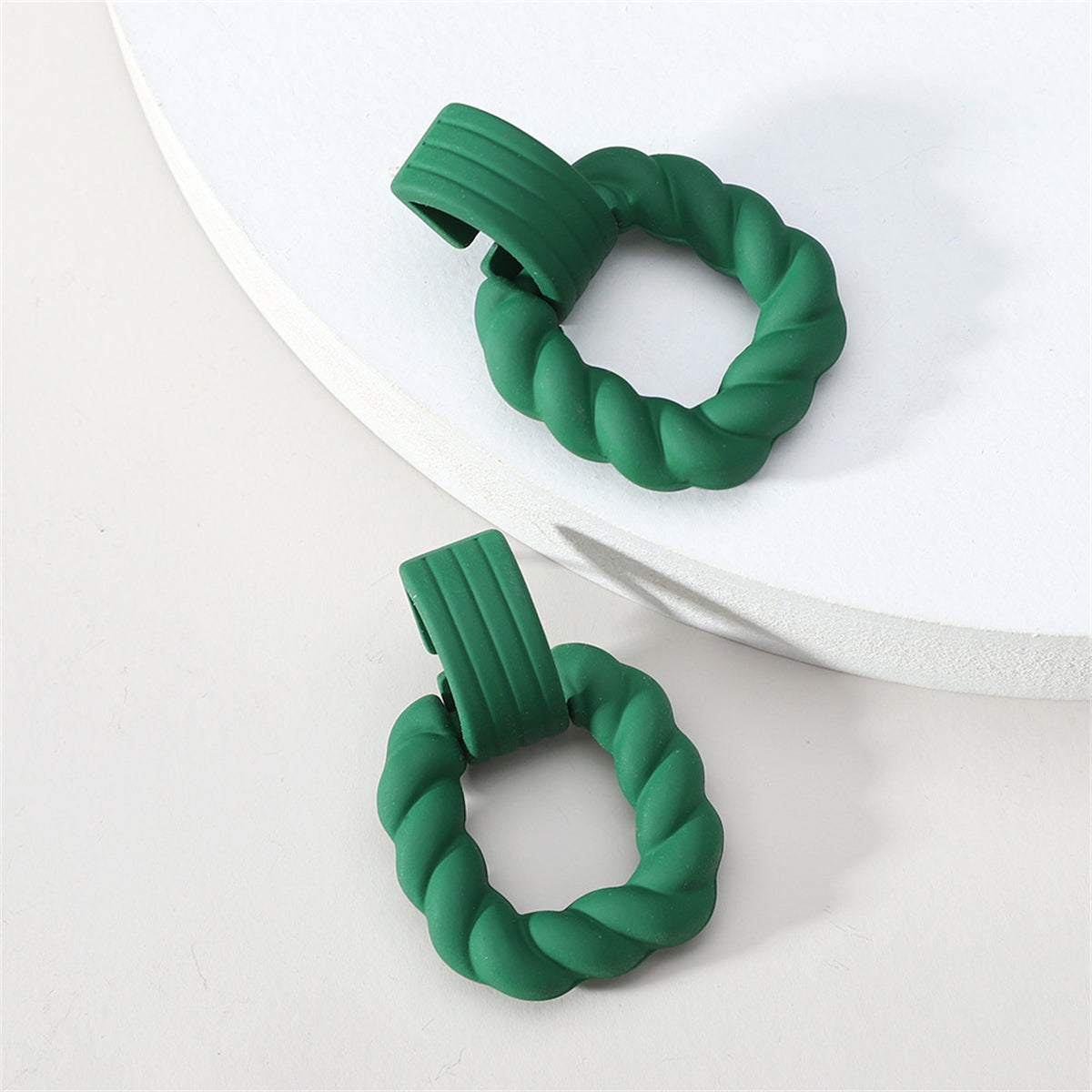 Dark Green Resin & Silvertone Twine Square Drop Earrings