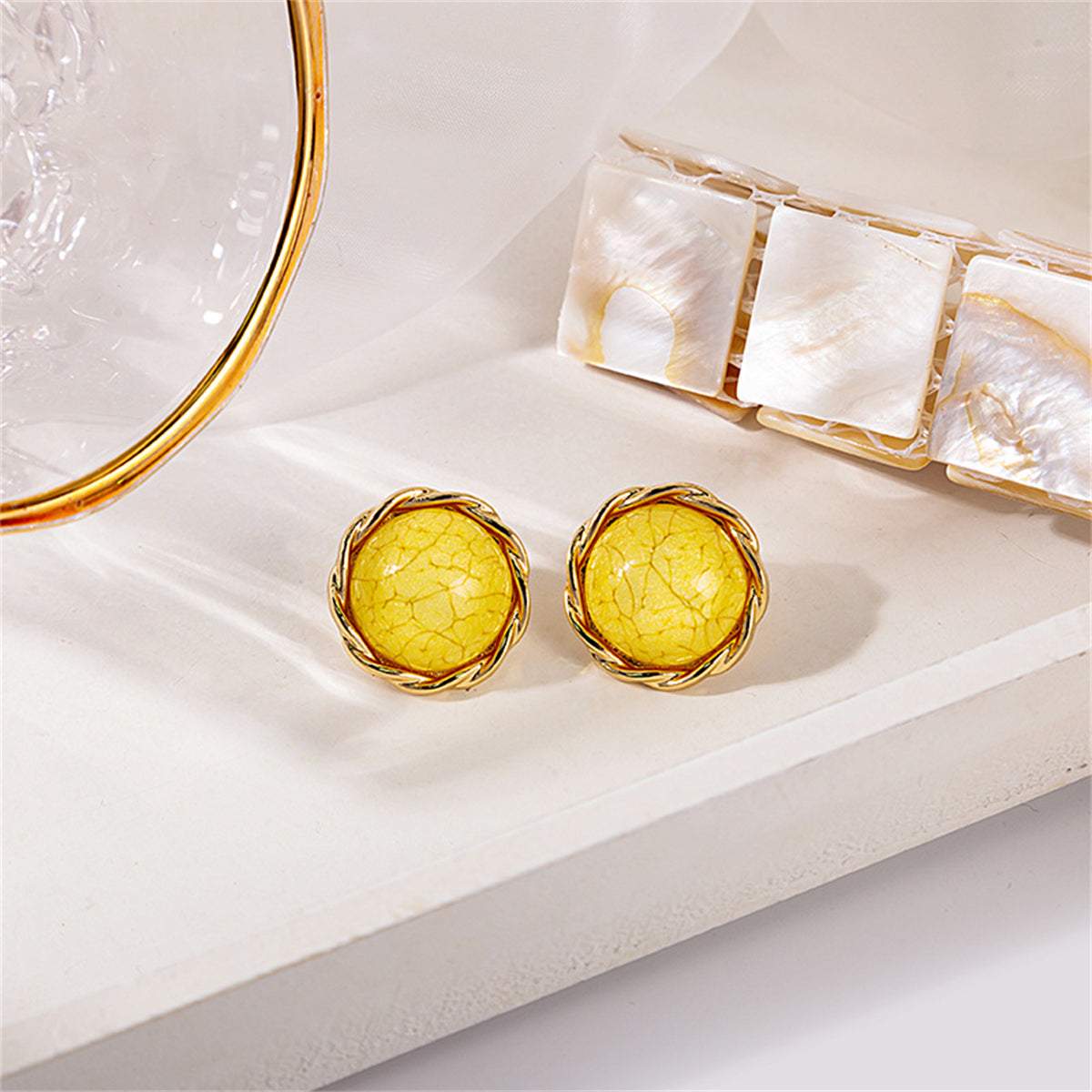 Yellow Resin & Goldtone Twisted-Trim Round Stud Earrings