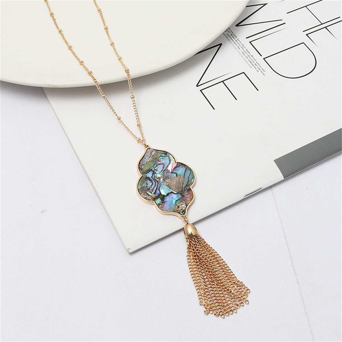 Abalone Shell & Goldtone Flower Tassel Pendant Necklace