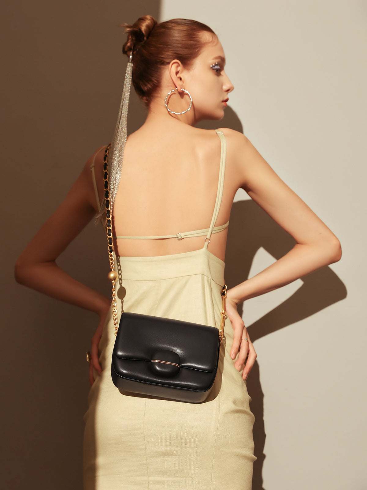 Structured Buckle Leather Shoulder Bag