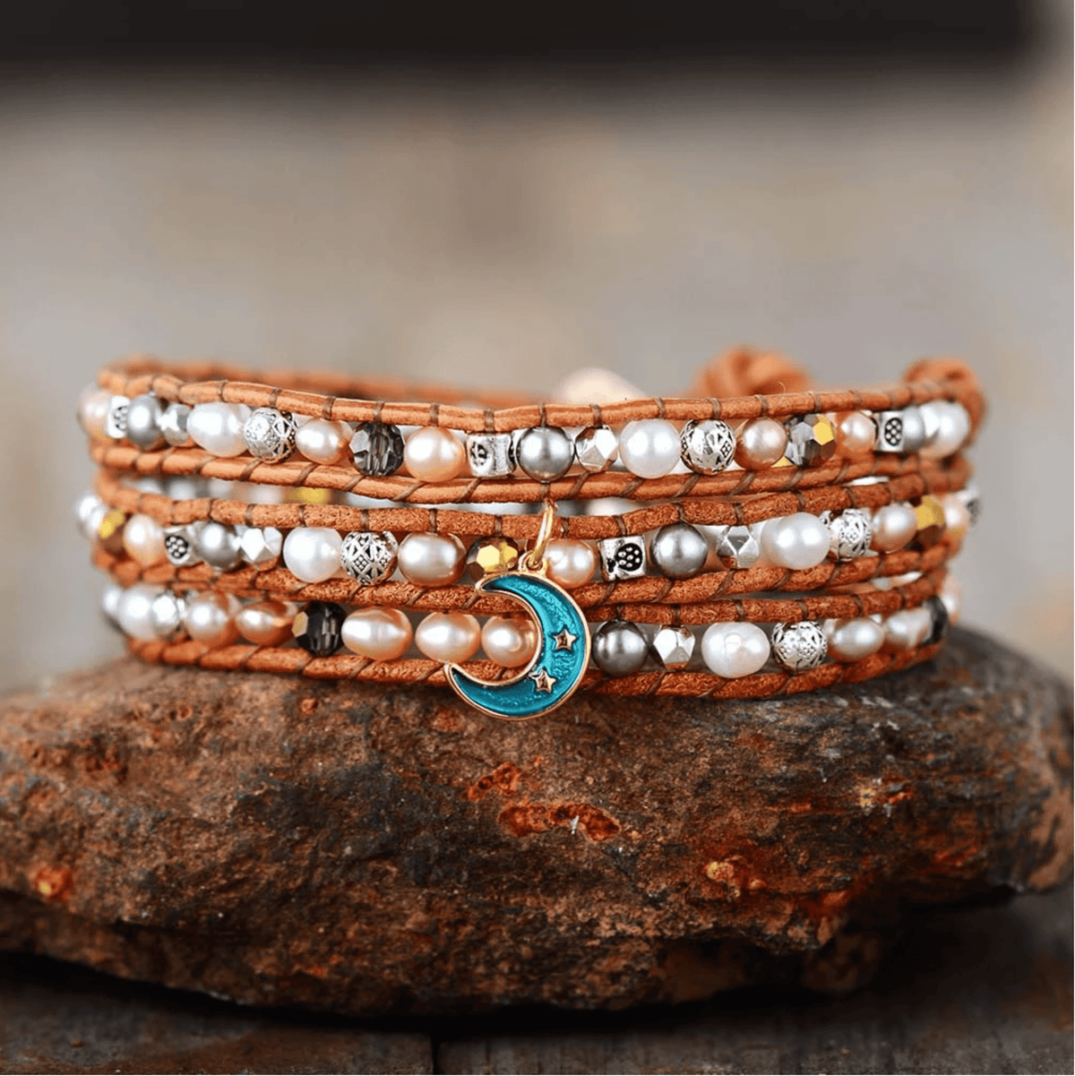 Cultured Pearl Leather Wrap Bracelet With Blue Moon