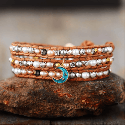 Cultured Pearl Leather Wrap Bracelet With Blue Moon