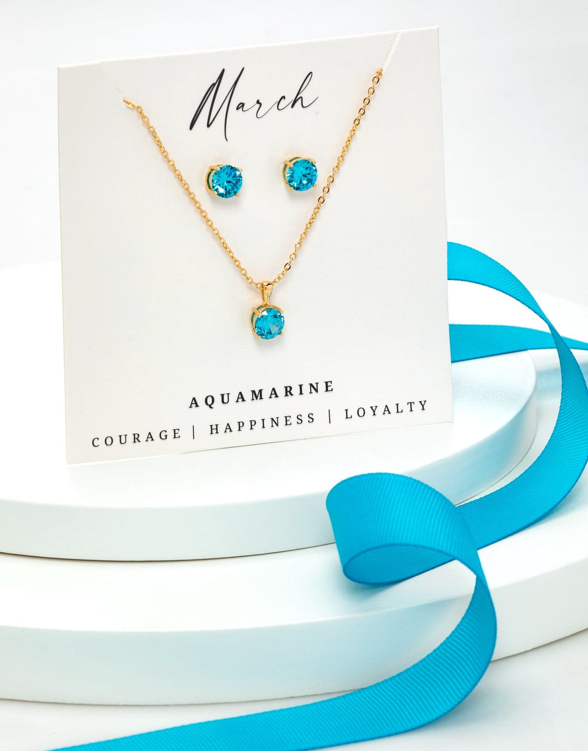 Gold Aqua - March Swarovski Crystal Necklace Earrings – Cz Birthstone Stud Earring Circular Pendant Set