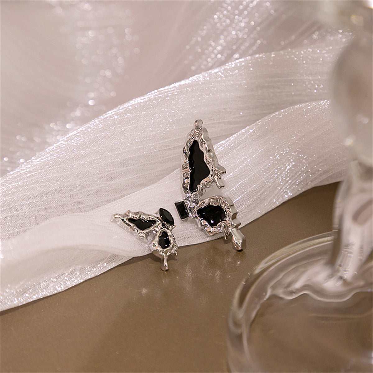 Black Crystal & Enamel Silvertone Butterfly Mismatched Stud Earrings