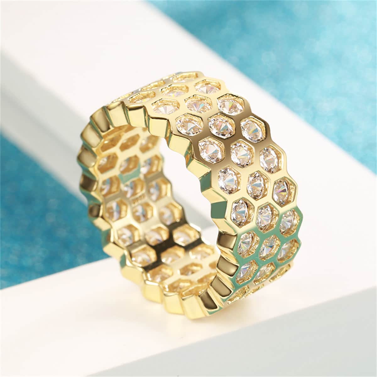 Cubic Zirconia & Goldtone Honeycomb Band Ring