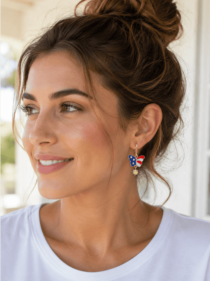 American Flag Butterfly Huggie Earrings for Women, Patriotic Red White Blue Jewelry