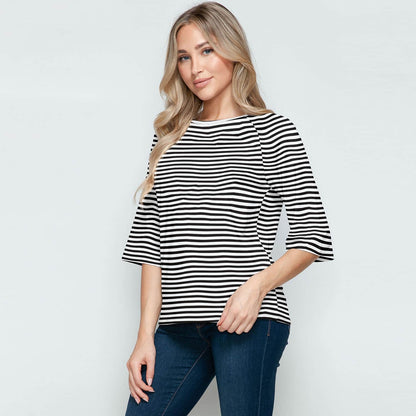 White & Black Stripe Print Round Neck Raglan Sleeve T-Shirt