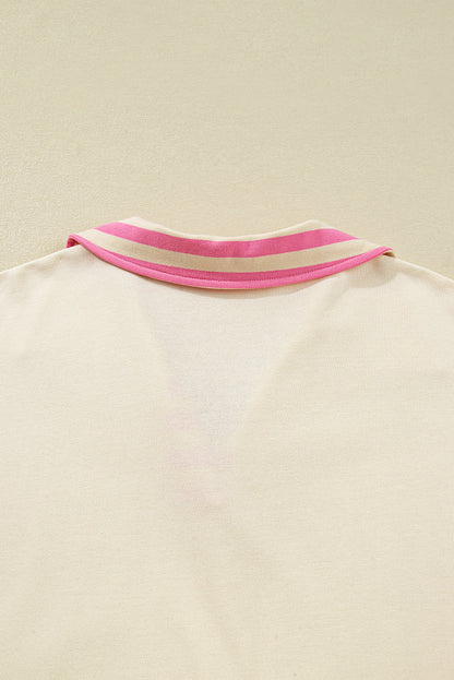 Threaded Pear Pink Stripe Contrast Polo Collar Drop Shoulder Patchwork Plus Size Pullover