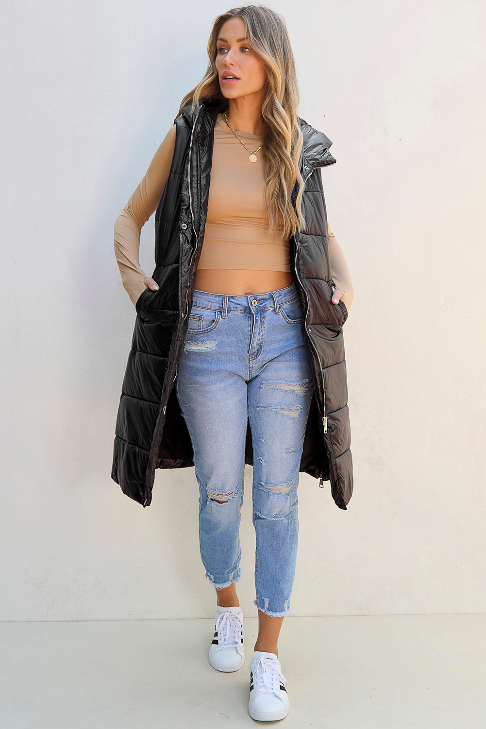Threaded Pear Black Hooded Long Quilted Vest PLUS Coat