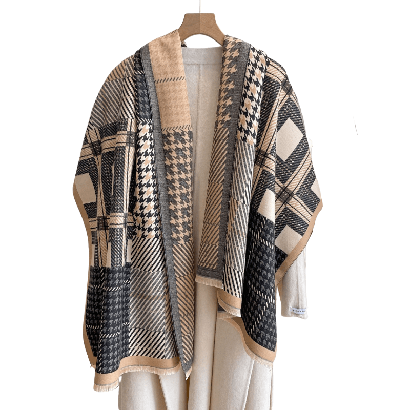 Beige & Black Striped and Houndstooth Patterned Scarf