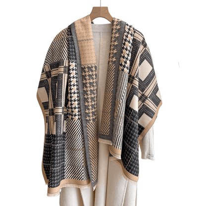 Beige & Black Striped and Houndstooth Patterned Scarf