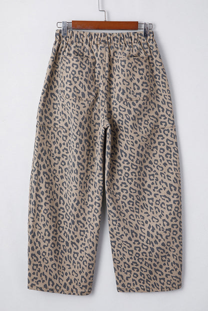 Athena Leopard Print Drawstring Waist Pocketed Wide Leg Jeans