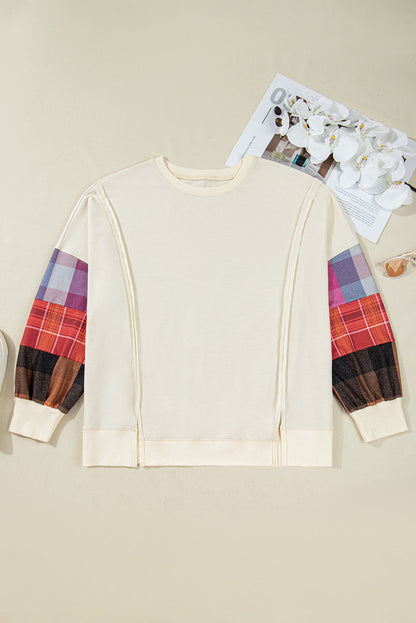 Threaded Pear Beige Plus Size Multicolor Plaid Patchwork Sleeve Pullover Top