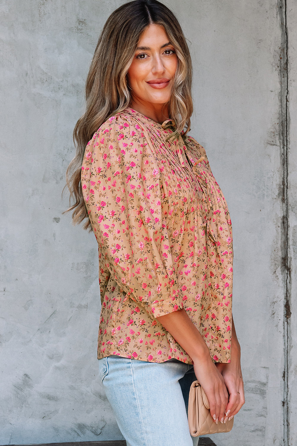 Threaded Pear Sadie Floral Bow Pin-tuck Bust Half Puff Sleeve Blouse