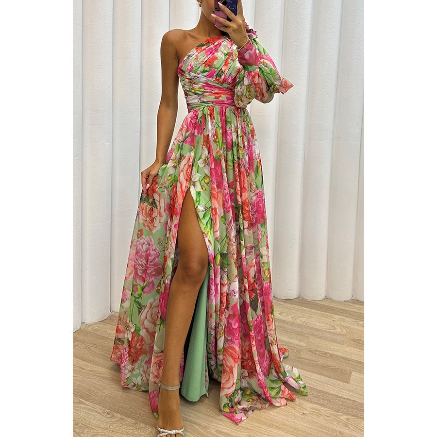 Floral Print Split Maxi Dress Fashion One-shoulder Long-sleeved Dresses Summer Beach Clothing For Women