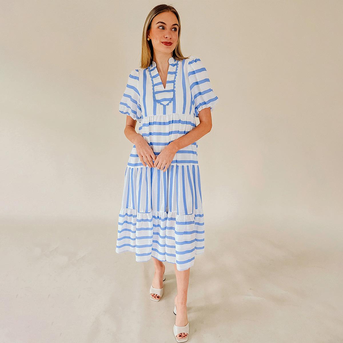 ✨Women's Short Bubble Sleeve Striped Dress With Pockets