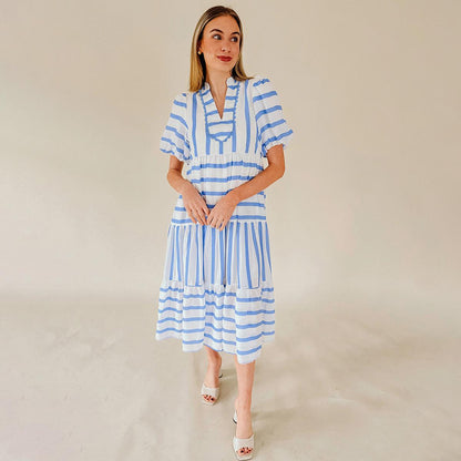✨Women's Short Bubble Sleeve Striped Dress With Pockets