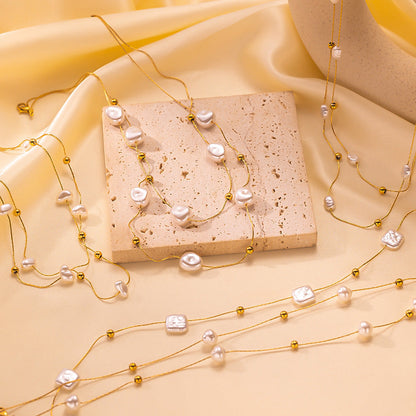 Niche Design Double-Layer Pearl Clavicle Necklace | High-Sense Vintage French Style Jewelry | Trendy Minimalist Titanium Steel Pearl Choker | Luxury-Label Statuesque Radiant Accessory | 2026 High-Fashion Emerald-Luxe Essential