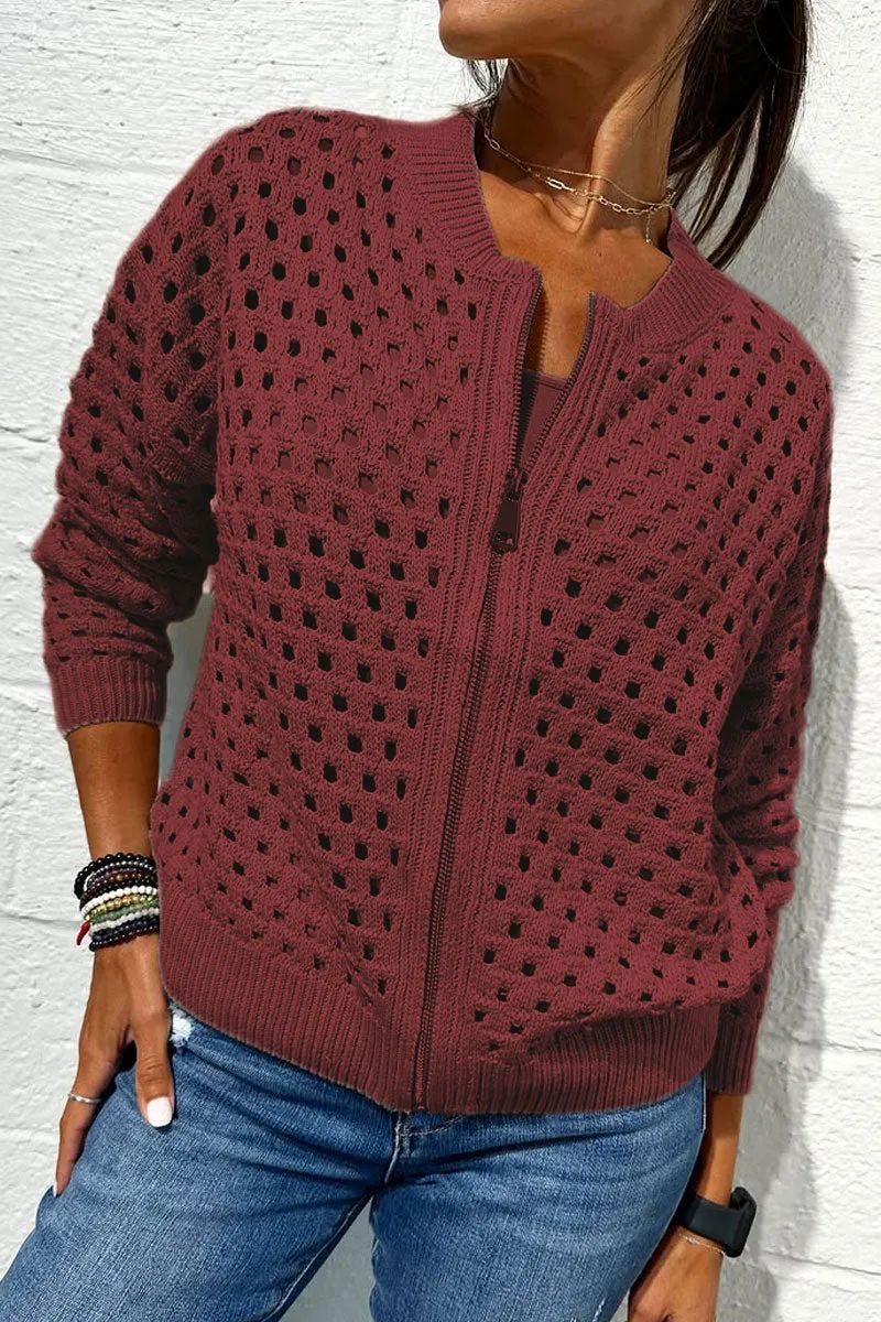 Women’s Fashion Hollow Knitted Zip-Up Jacket | Long-Sleeved Breathable Crochet Top | Trendy Lightweight Knit Cardigan | Modern Urban Layering Jacket for Women