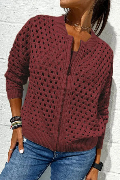 Women’s Fashion Hollow Knitted Zip-Up Jacket | Long-Sleeved Breathable Crochet Top | Trendy Lightweight Knit Cardigan | Modern Urban Layering Jacket for Women