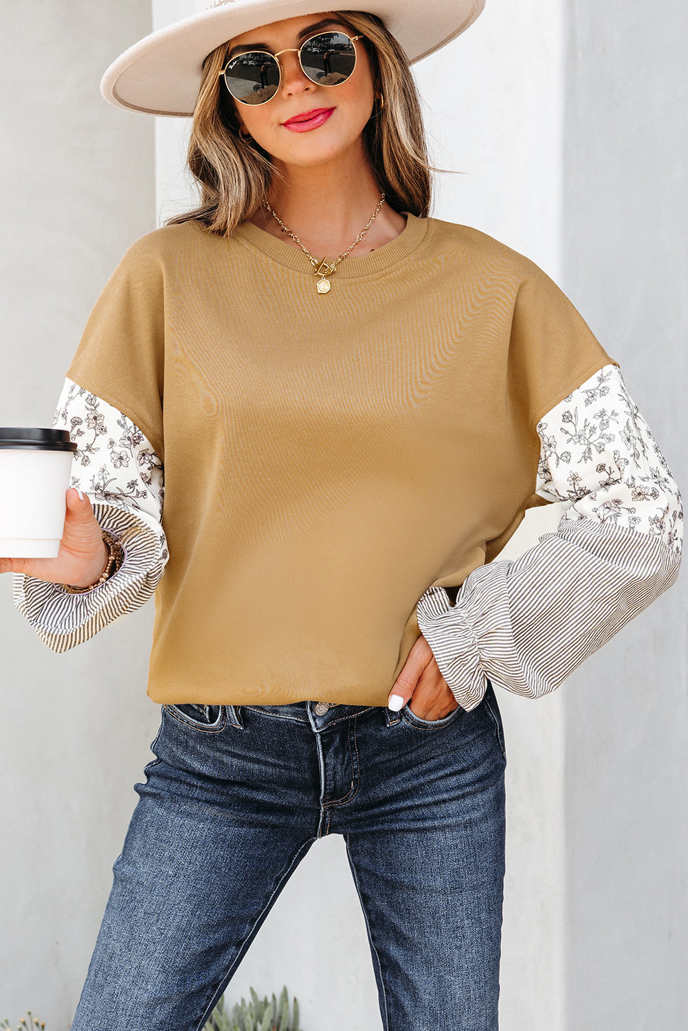 Threaded Pear Beazita Patchwork Ruffled Sleeve Sweatshirt