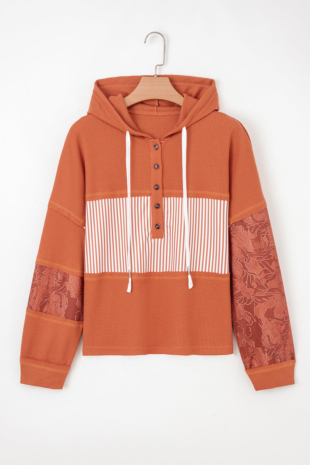Threaded Pear Taytum Patchwork Drawstring Hooded Long Sleeve Top